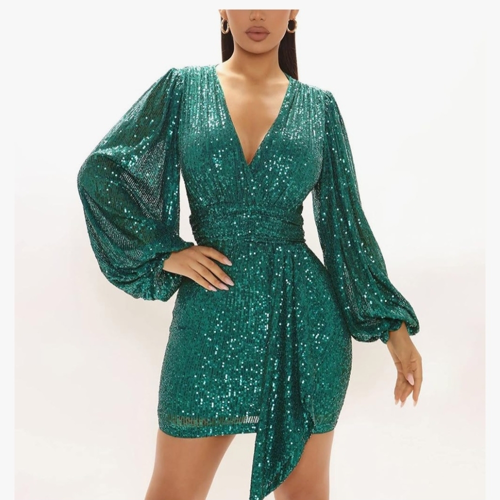 Fashion Nova Teal Sequin Long Sleeve Dress - Picture 3 of 6